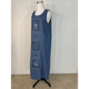 Erika and Co. Denim Dress Small Blue Embroidered Floral Sleeveless